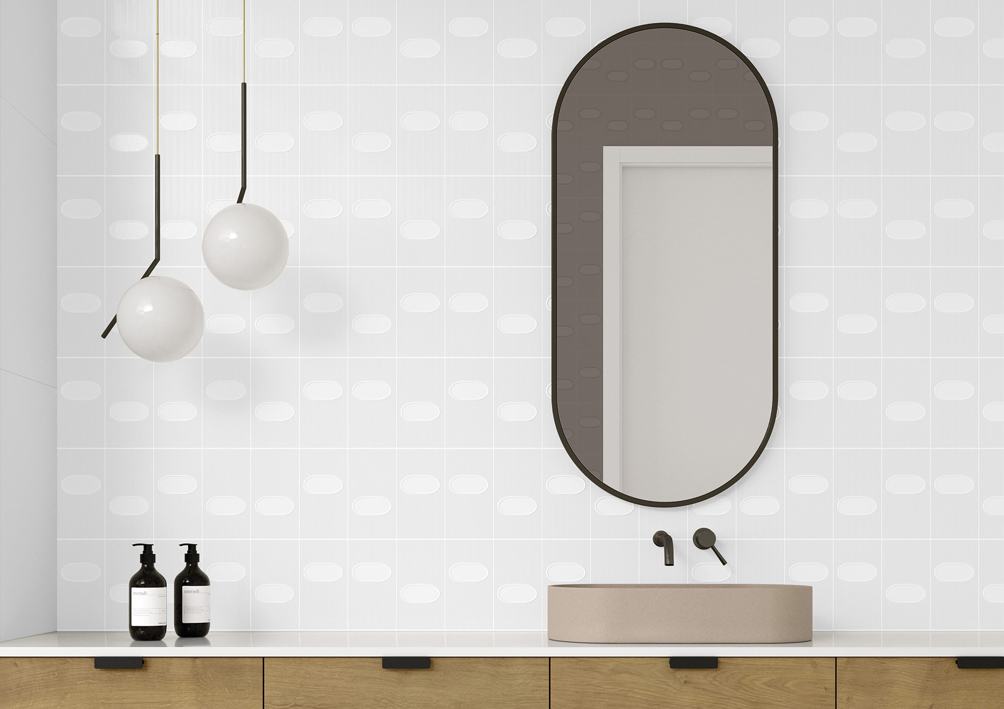 baño con paredes blancas con relieve modernas. Recubrimiento de azulejos blancos para el baño.