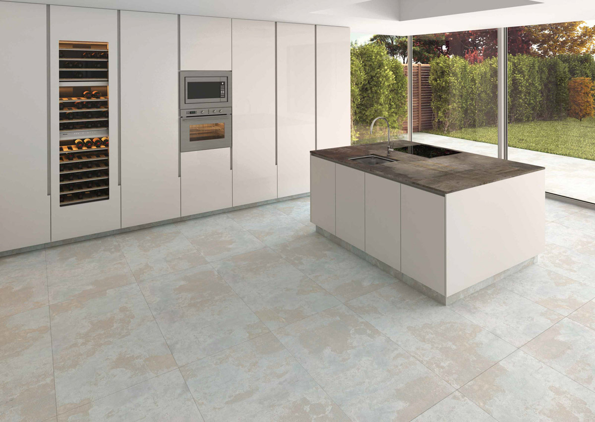 kitchen floor with Apavisa soft bluish tone tiles