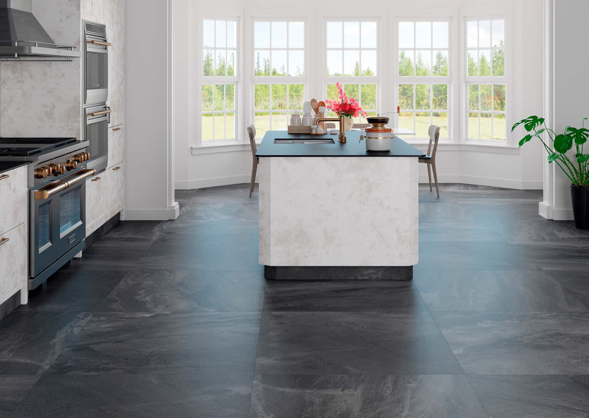minimal open kitchen with black porcelain floor tiles