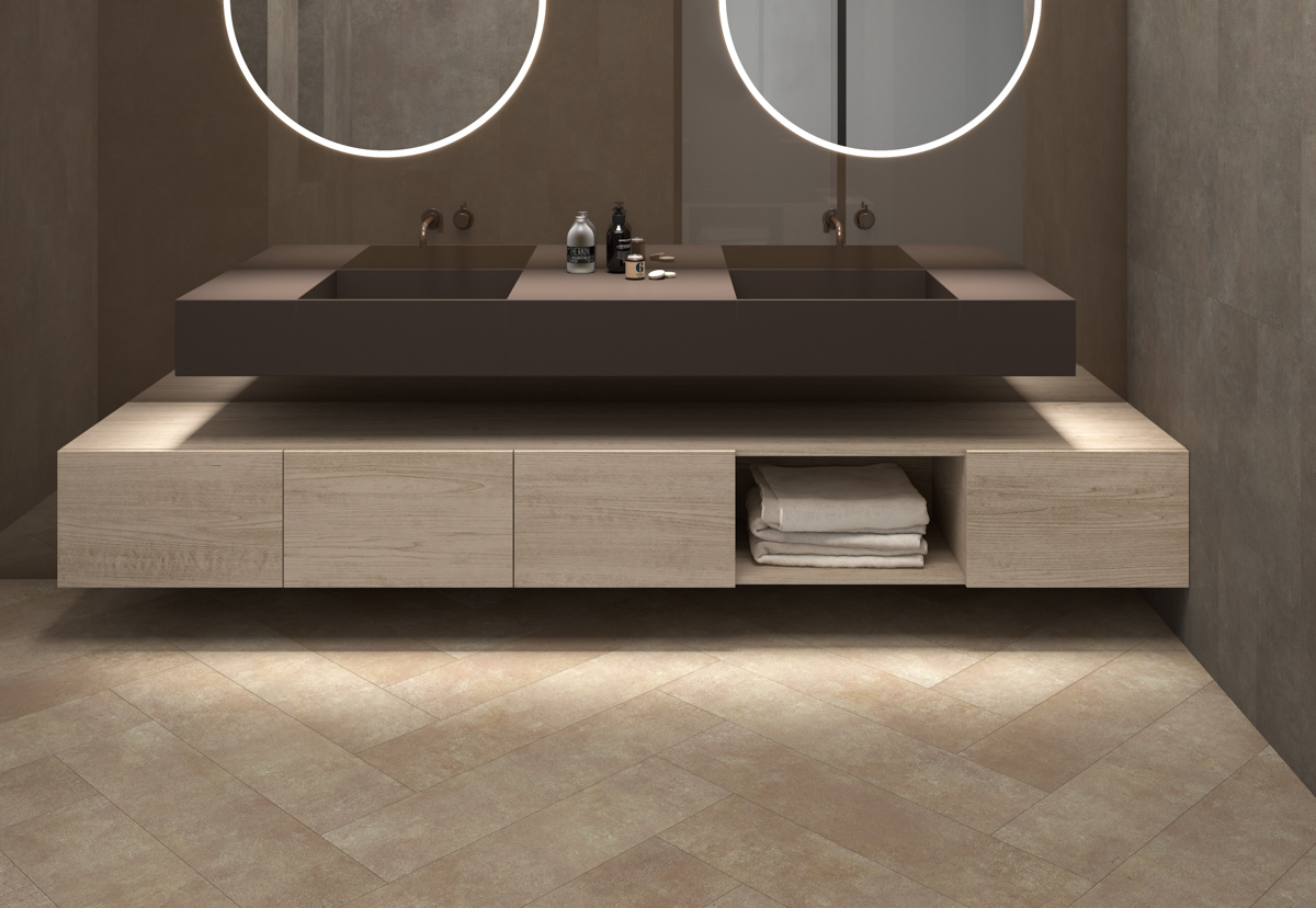 Bathroom in brown tones and waterproof porcelain flooring.