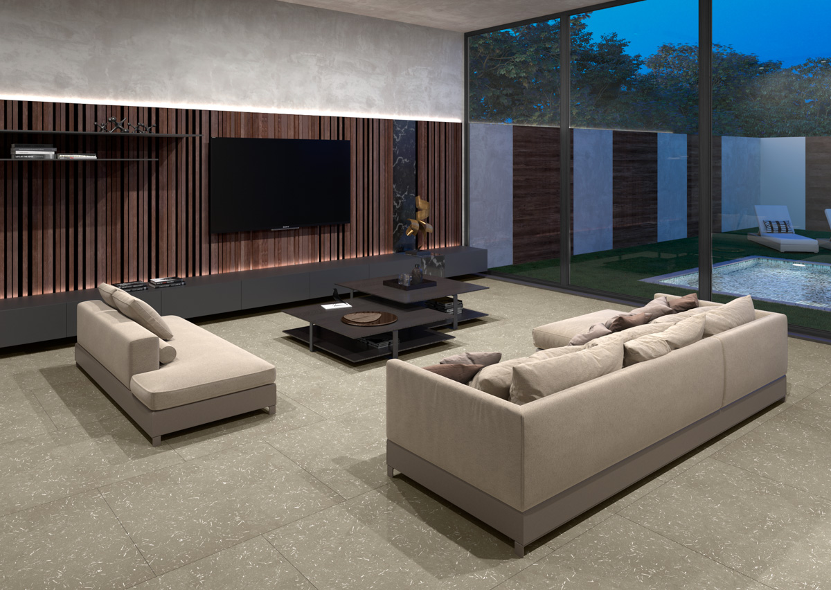 Living room with cosy porcelain floor in brown tones