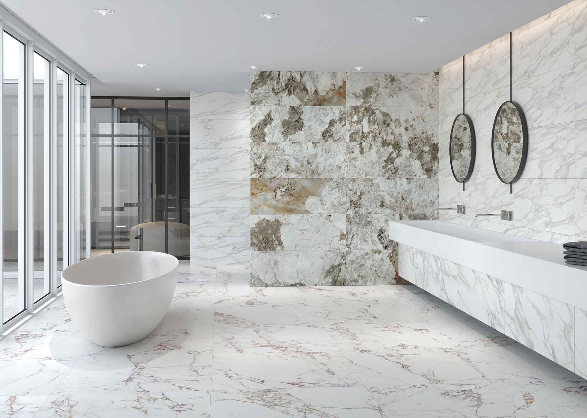 Imitation marble porcelain tile, large format ▷ APAVISA