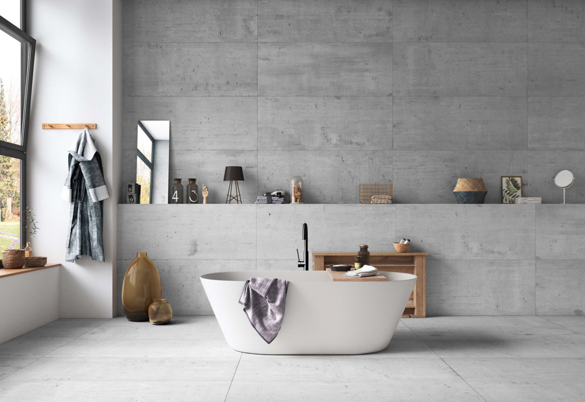 baño con suelo porcelánico gris moderno y limpio