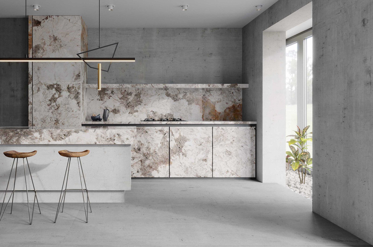 countertop and kitchen clad with marble-type porcelain tiles