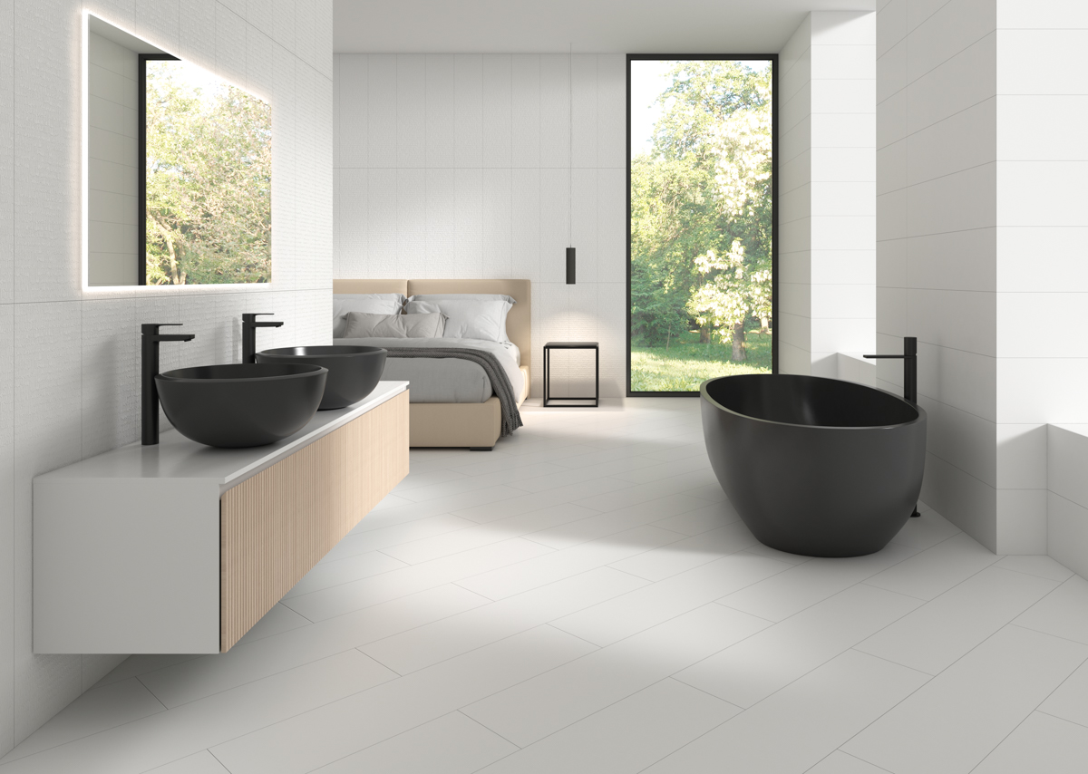 Habitación con baño con suelo porcelánico rectificado en tonos claros y neutros