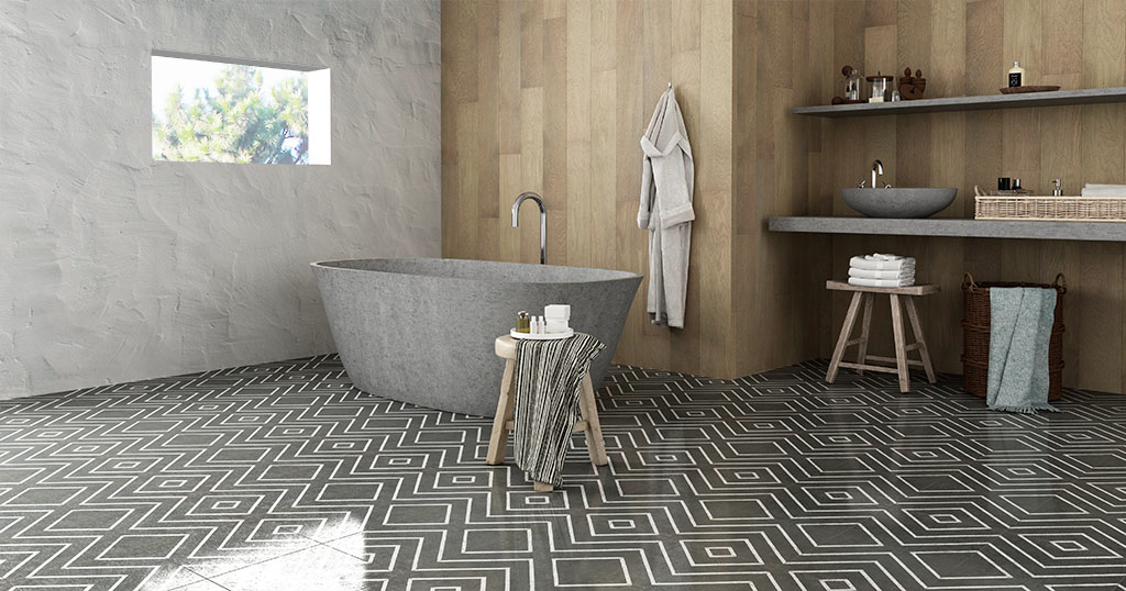 baño con azulejos hidráulicos estilo rústico vintage