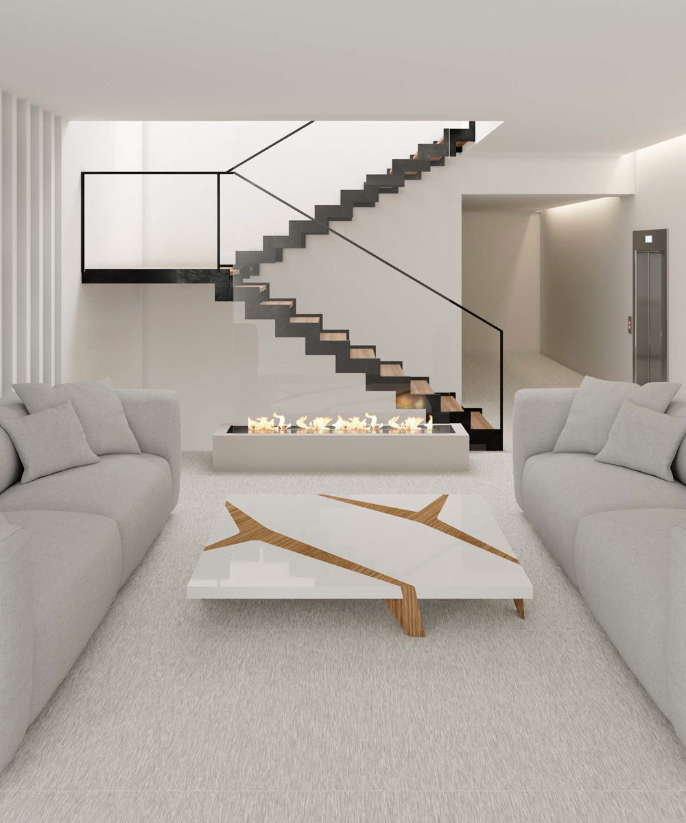 Living room in warm white and grey tones and with fireplace