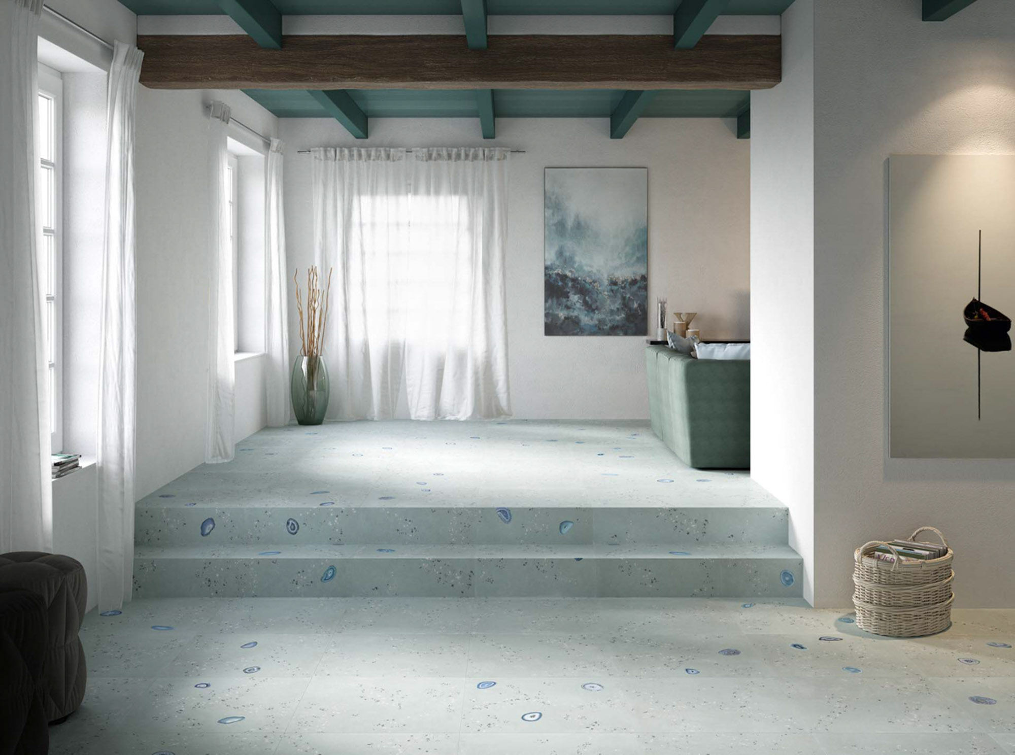 suelo azul de gres porcelánico con escalones limpio