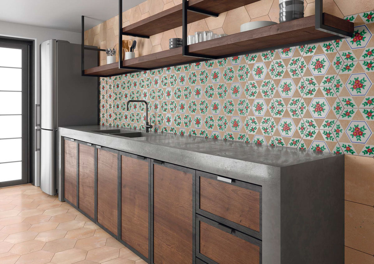 rustic kitchen with hexagonal tiles with flower patterns