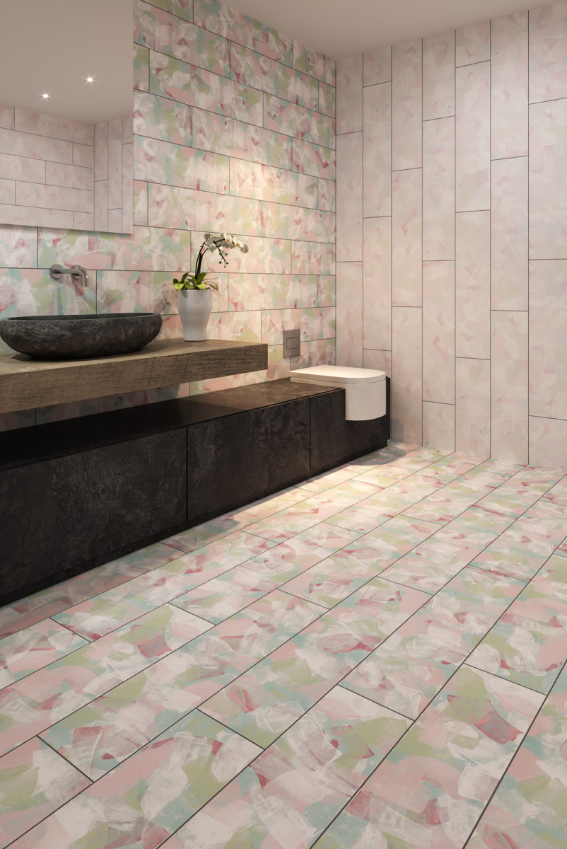 Baño acogedor y cálido en tonos rosas, verdes y blancos con mueble de madera y piedra