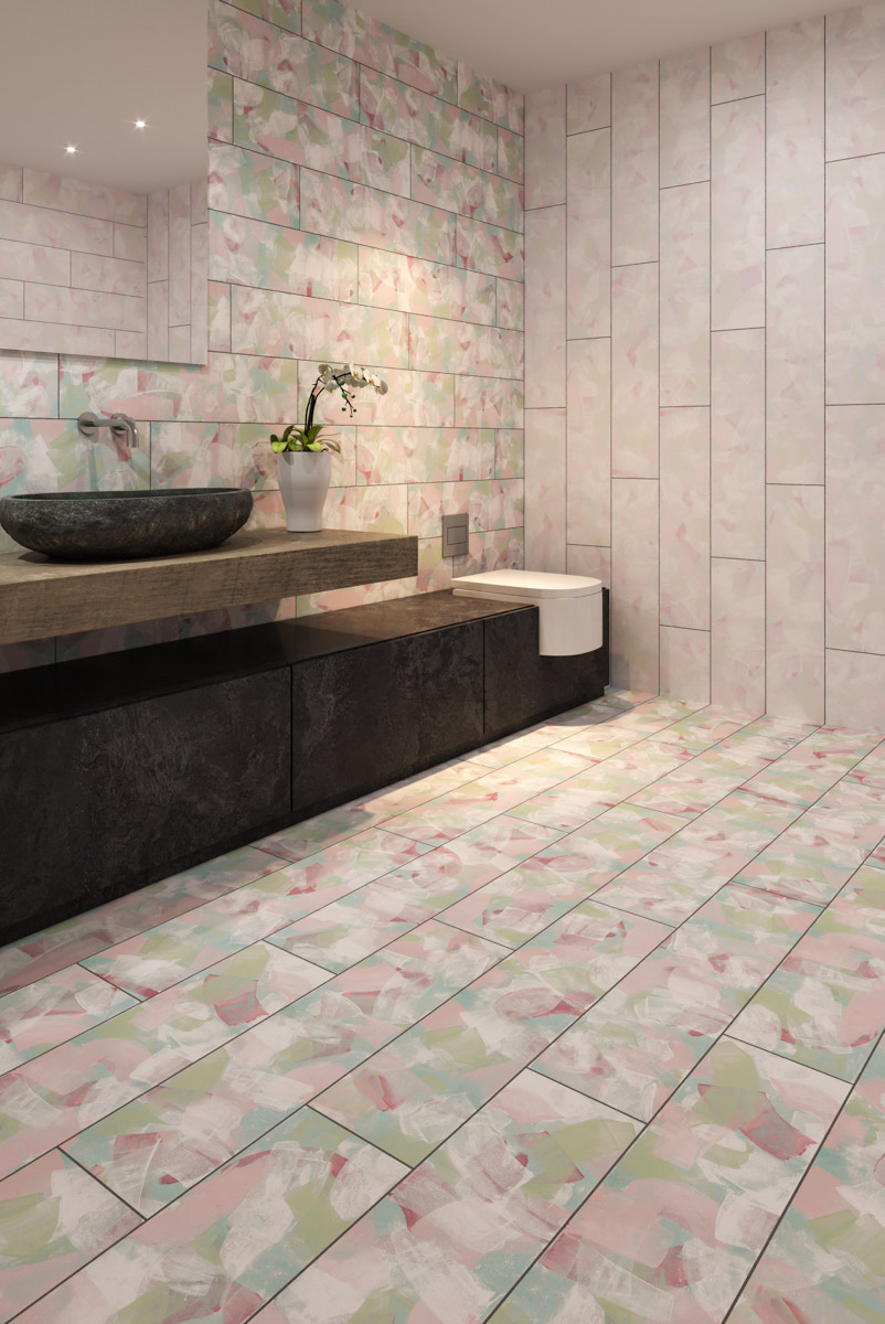 Cosy and warm bathroom in pink, green and white tones with wooden and stone furniture.