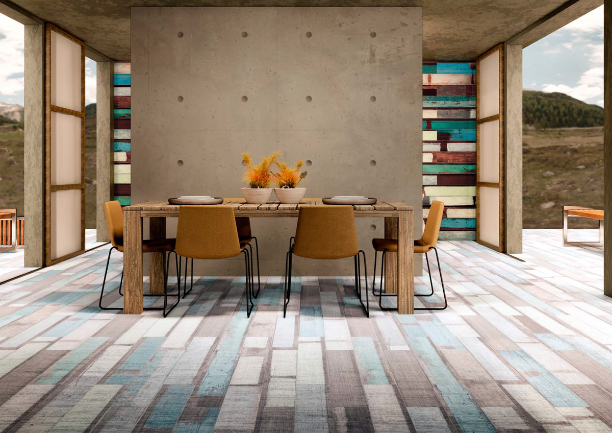 Rustic kitchen with wood effect floor in different colours