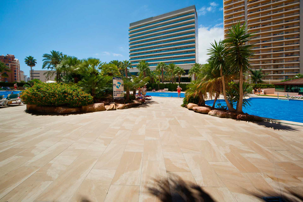 Stone-effect outdoor porcelain tiles.