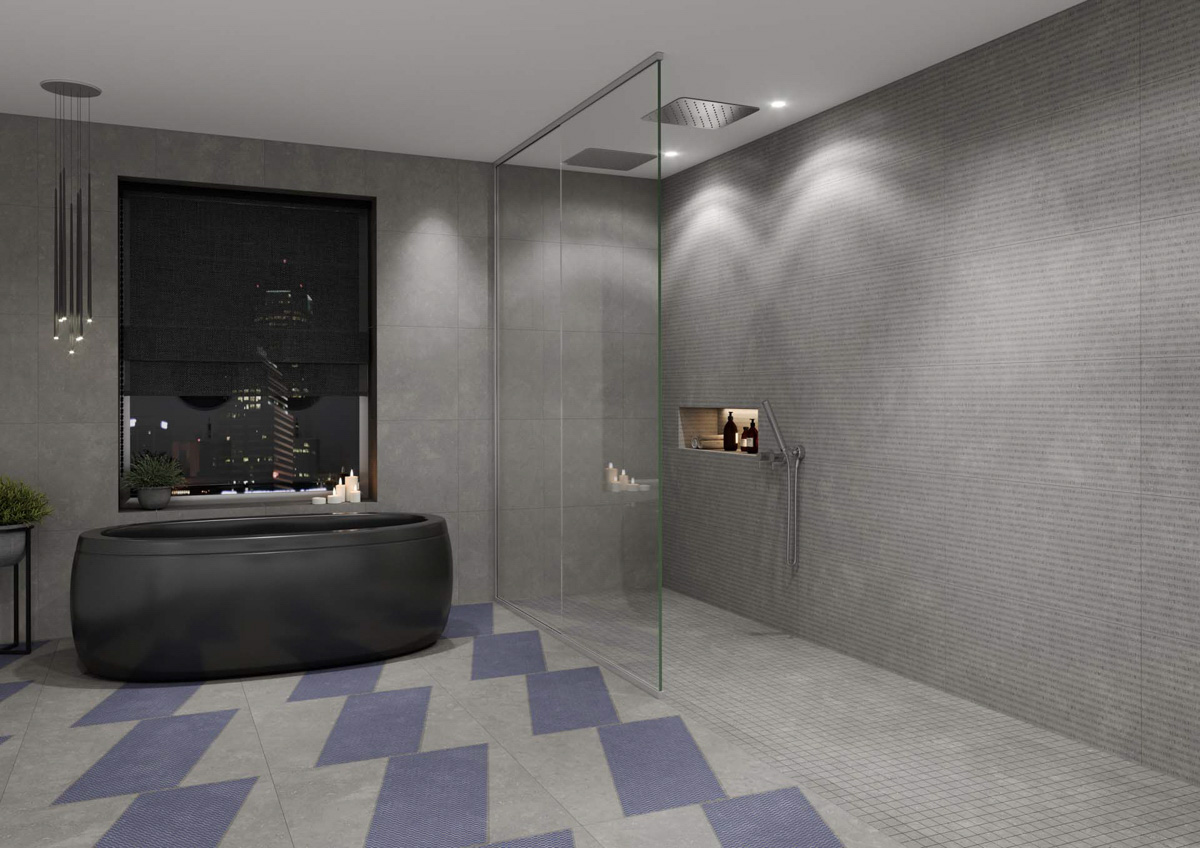 bathroom with shower and non-slip ceramic tiles
