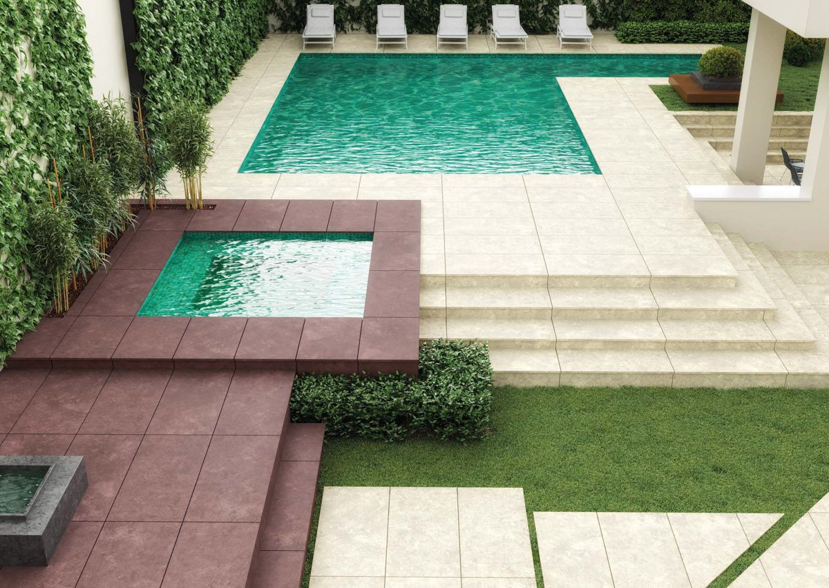 Stone-effect outdoor porcelain tiles.