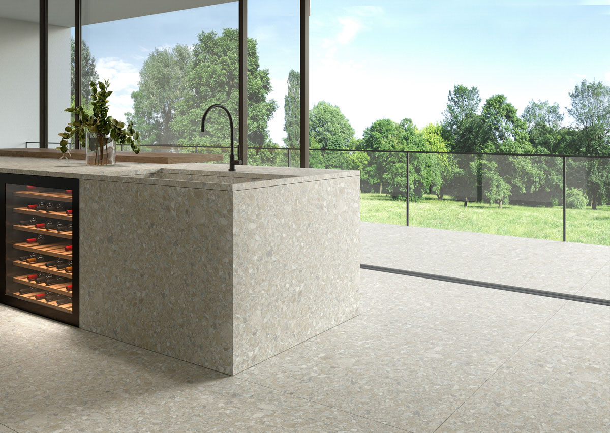 cocina en color beige tipo terrazzo moderna 