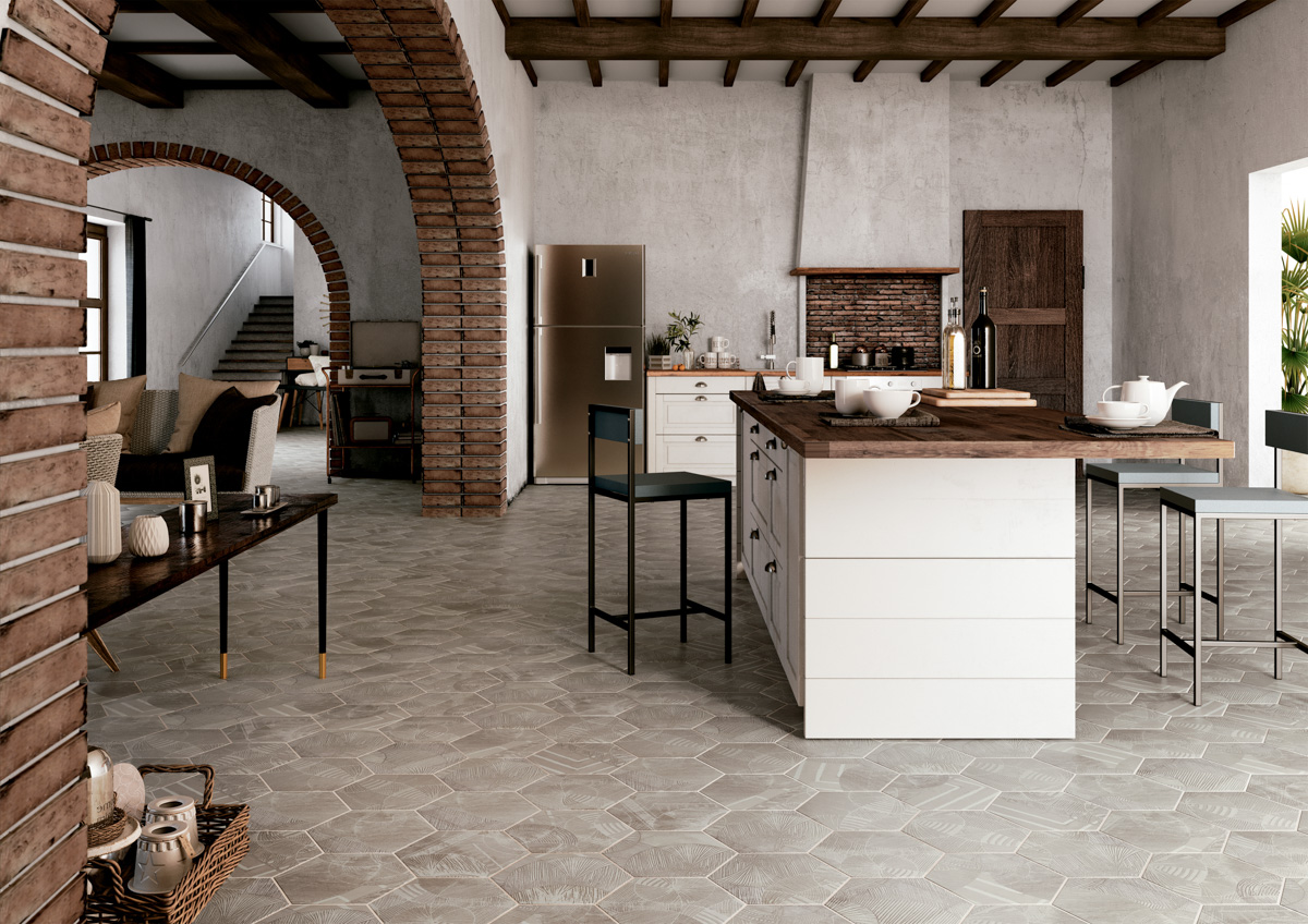 hexagonal tiles in a rustic kitchen in grey colour