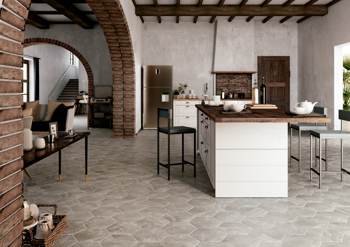 mediterranean style cuisine with porcelain floor tiles