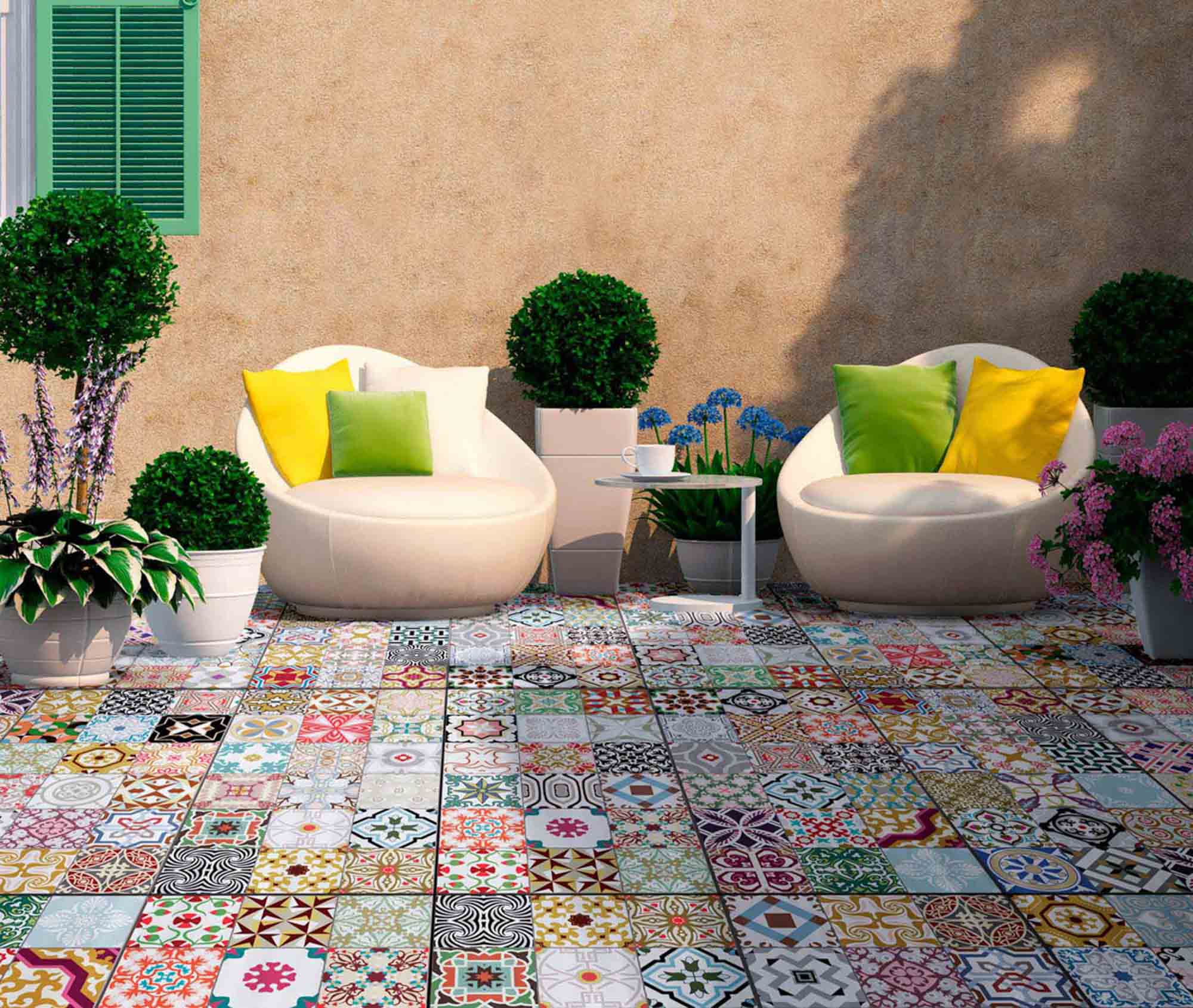 terrace with original and fun coloured hydraulic flooring