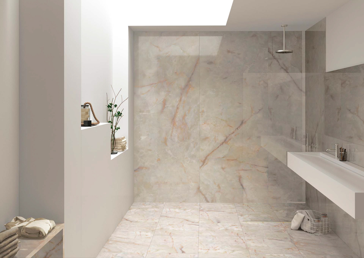 small bathroom polished floor with marble effect porcelain tiles