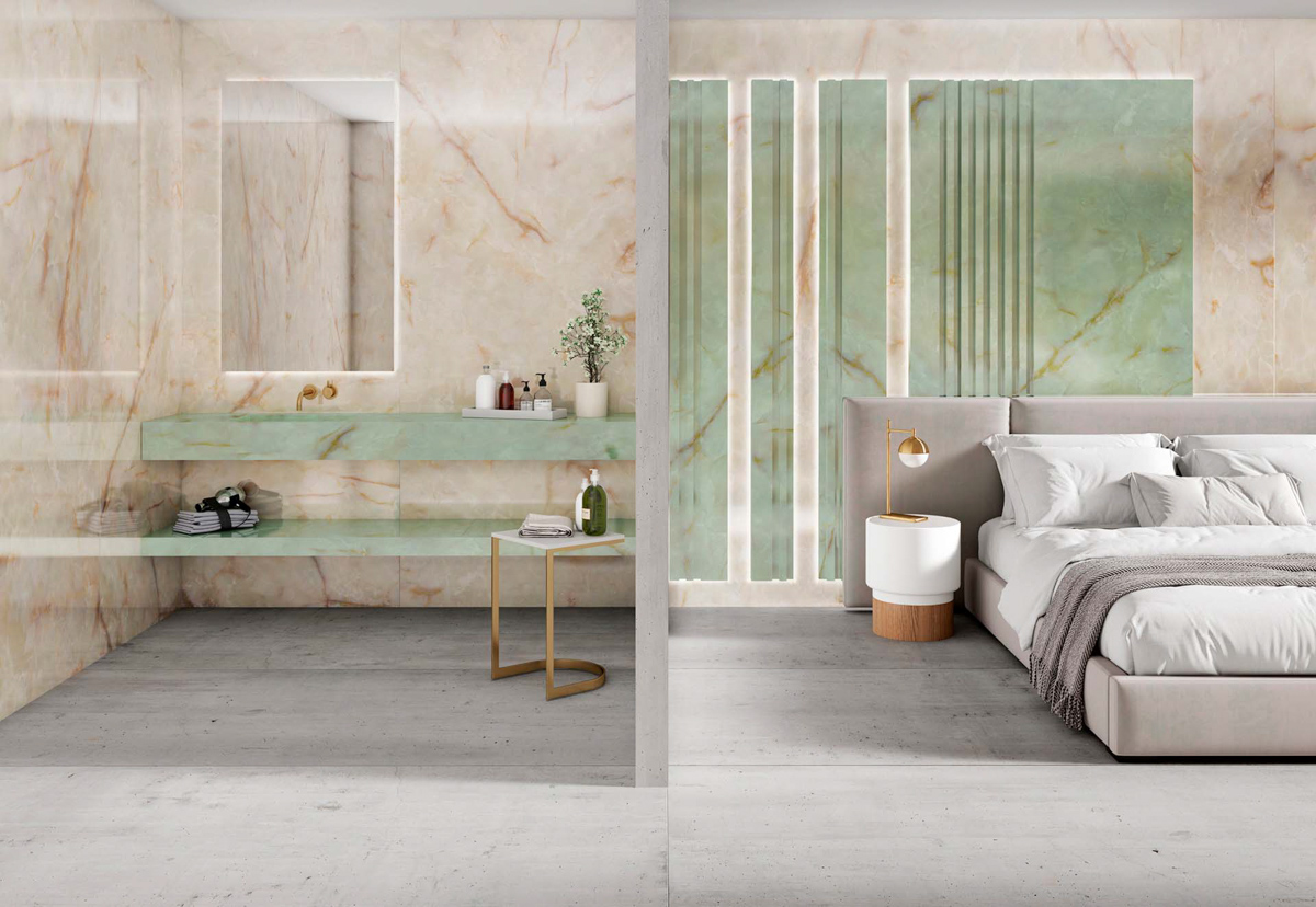 Large green and beige marble effect rectified porcelain tile