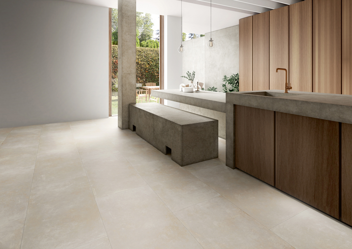 rustic kitchen with grey tiles in the floor