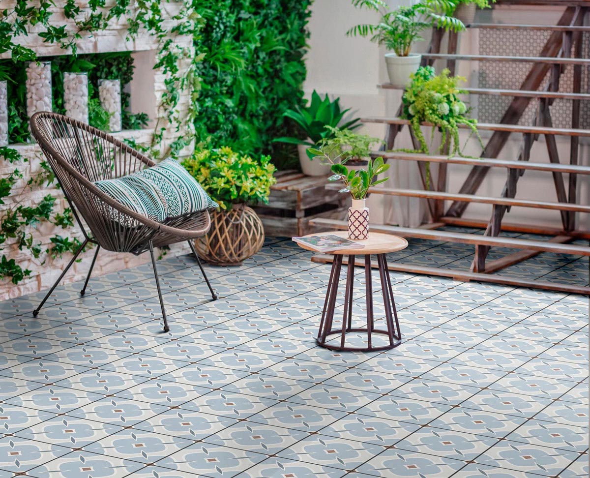 azulejos porcelánicos estilo vintage en la terraza