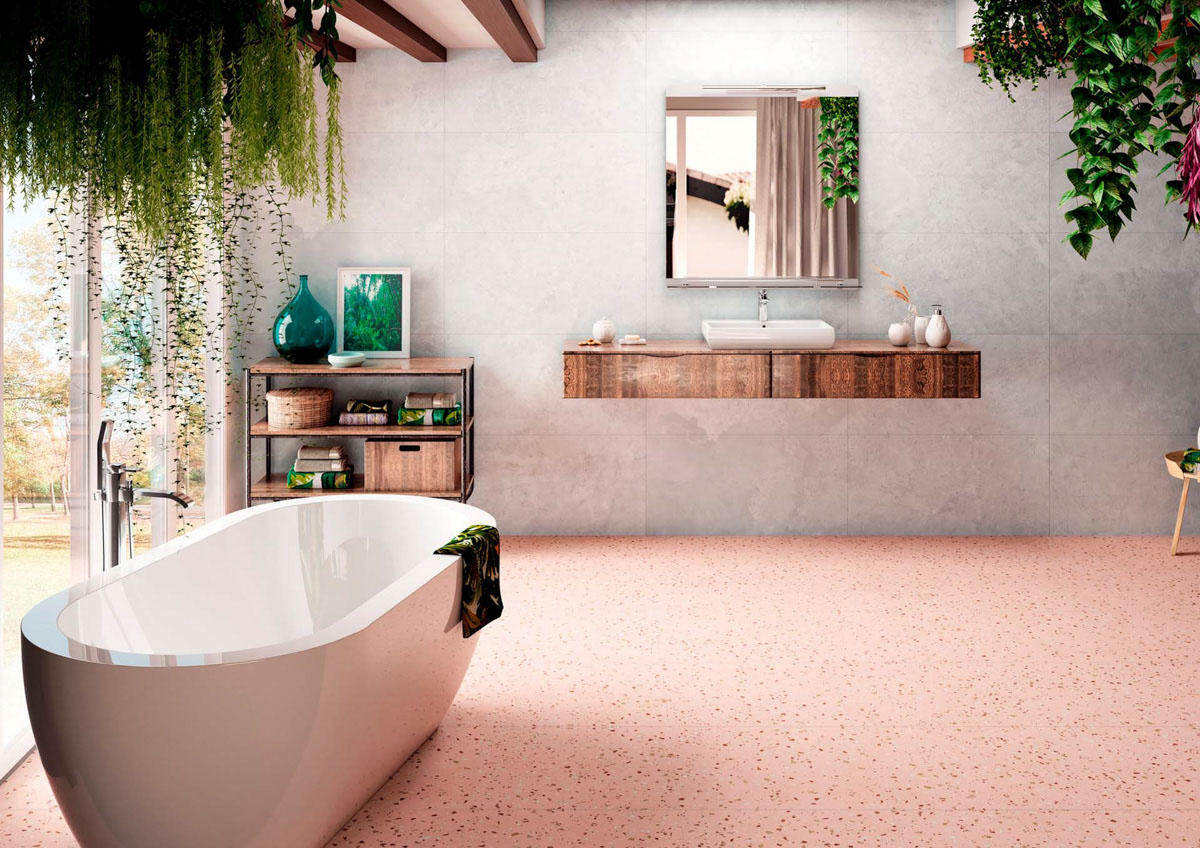 Wohnzimmer mit rektifiziertem Terrazzo-Porzellanboden aus der Kollektion Apavisa von Southde.