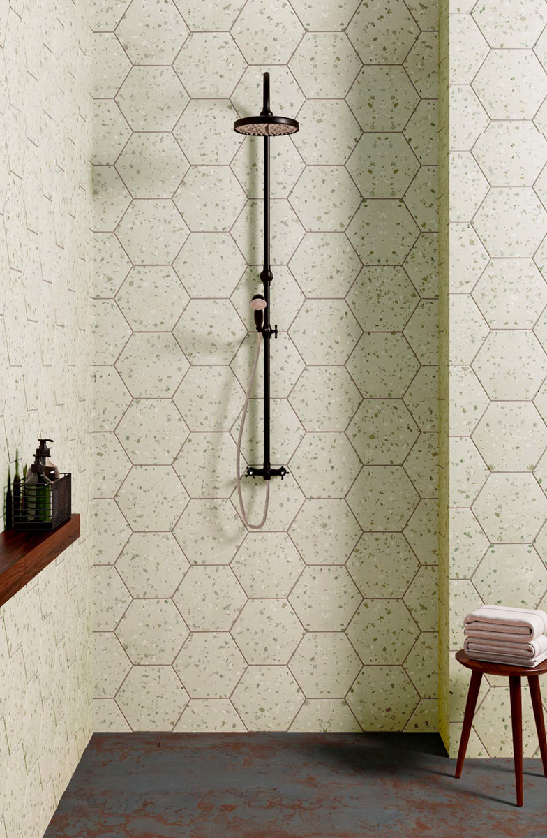 Terrazzo ceramics in the bathroom in hexagonal format