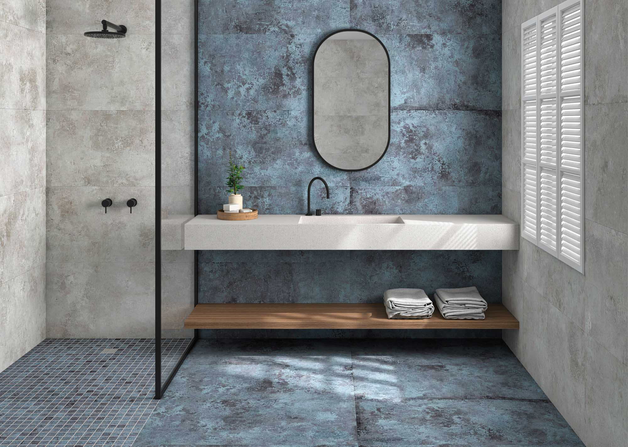 baño rústico efecto cemento en tono azul y gris