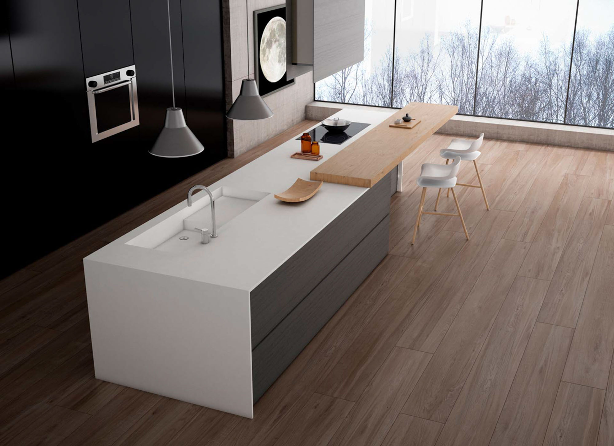 modern combined kitchen in white and wooden floor