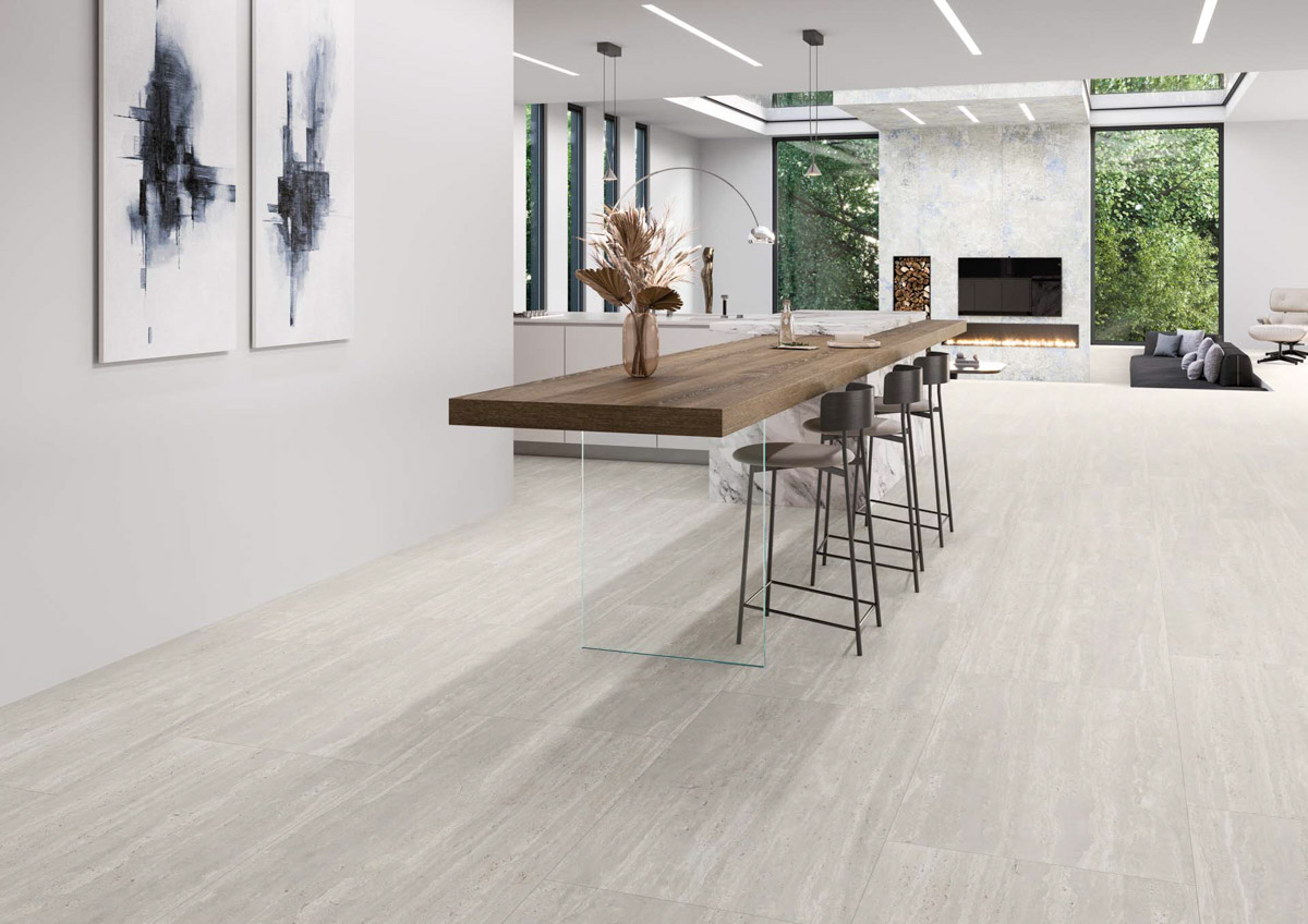 beige travertine flooring in kitchen