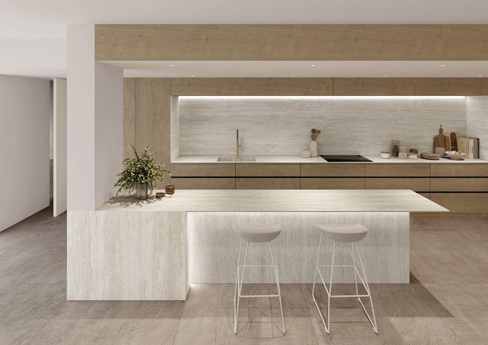 cocina de mármol travertino beige moderna y elegante