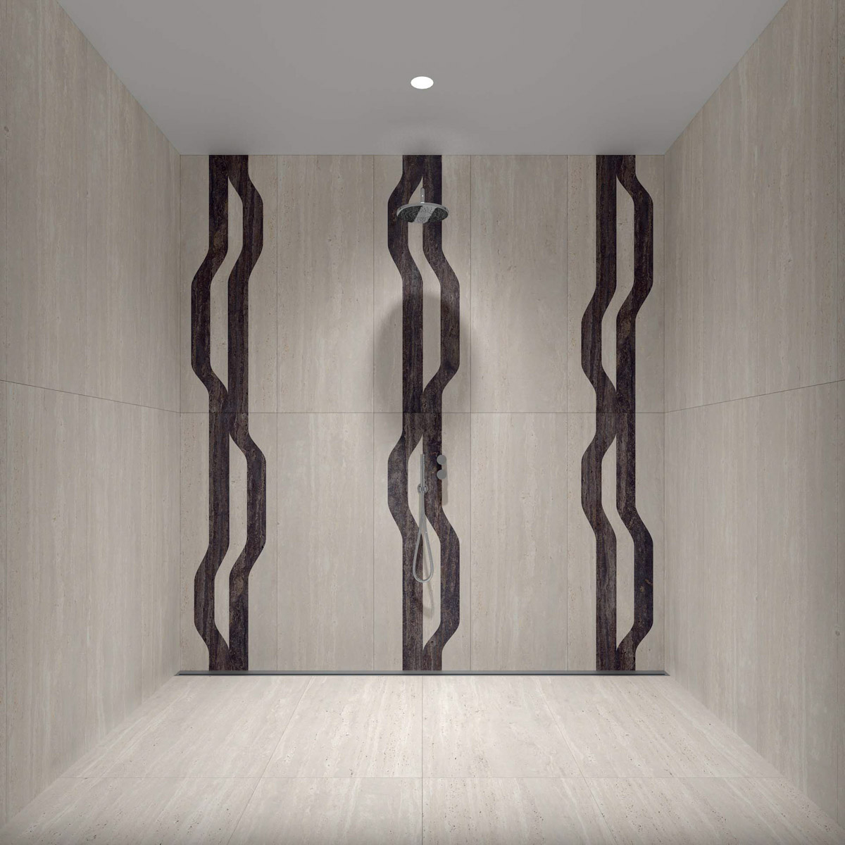 shower floor and walls with the same porcelain tile 