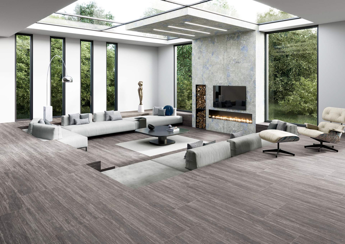 Living room with rectified travertine porcelain flooring in brown colour