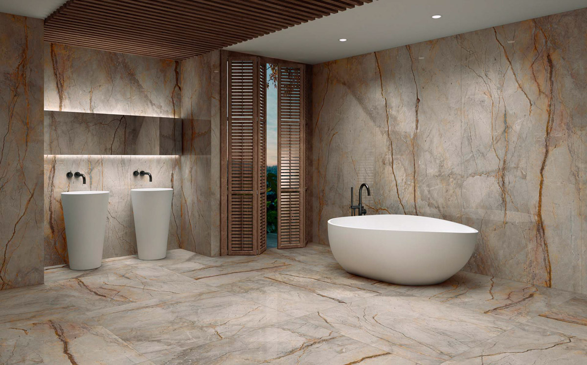 baño con suelo y paredes con azulejos aspecto marmol