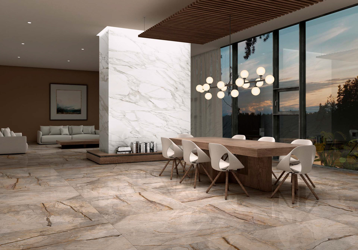 marble floor in living and dining room