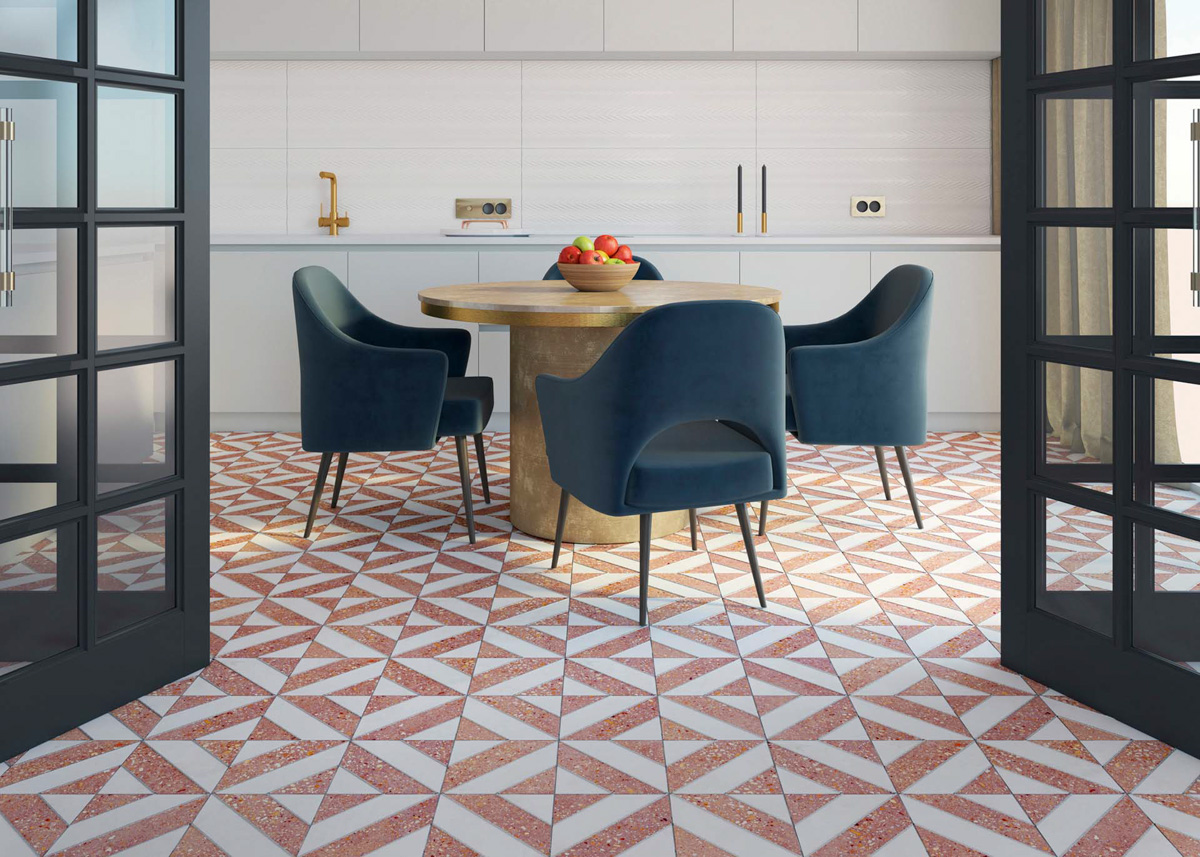 Red terrazzo flooring in the kitchen