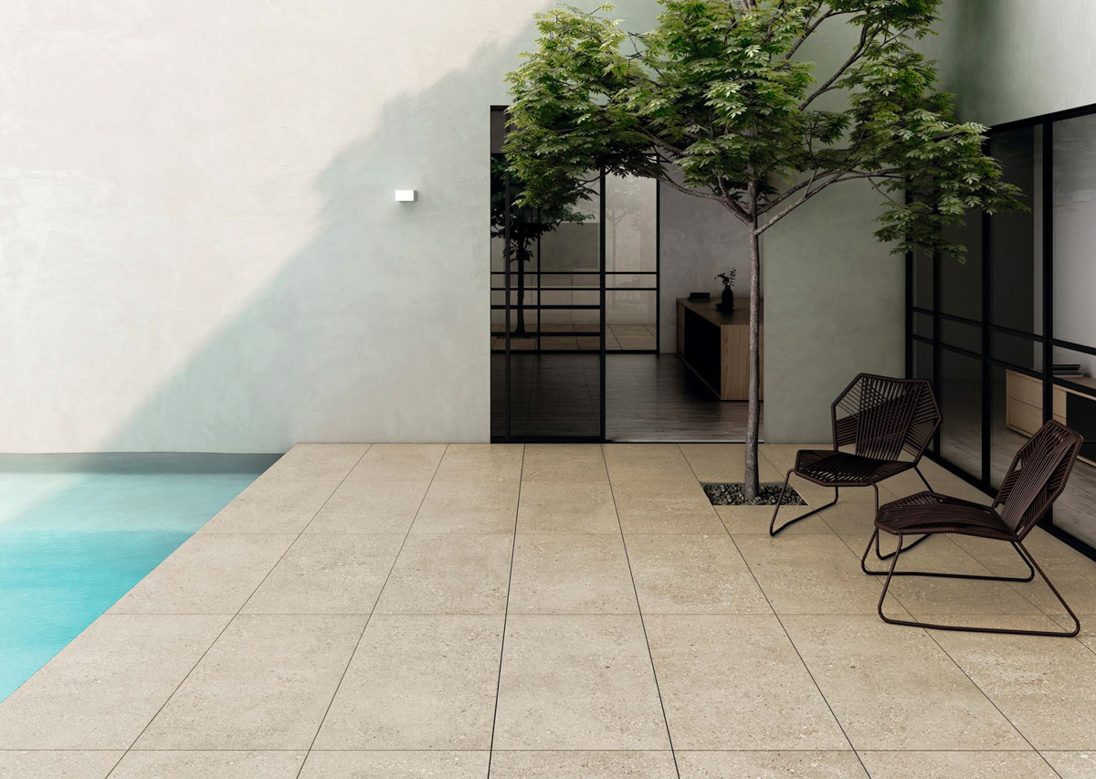 Terrazo-effect outdoor porcelain tiles.