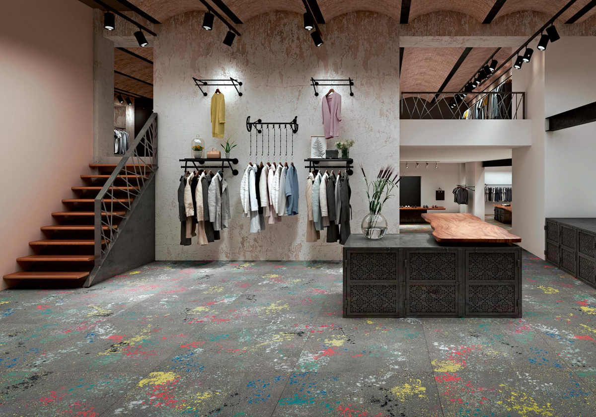 Coloured terrazzo on the floor of the commercial space